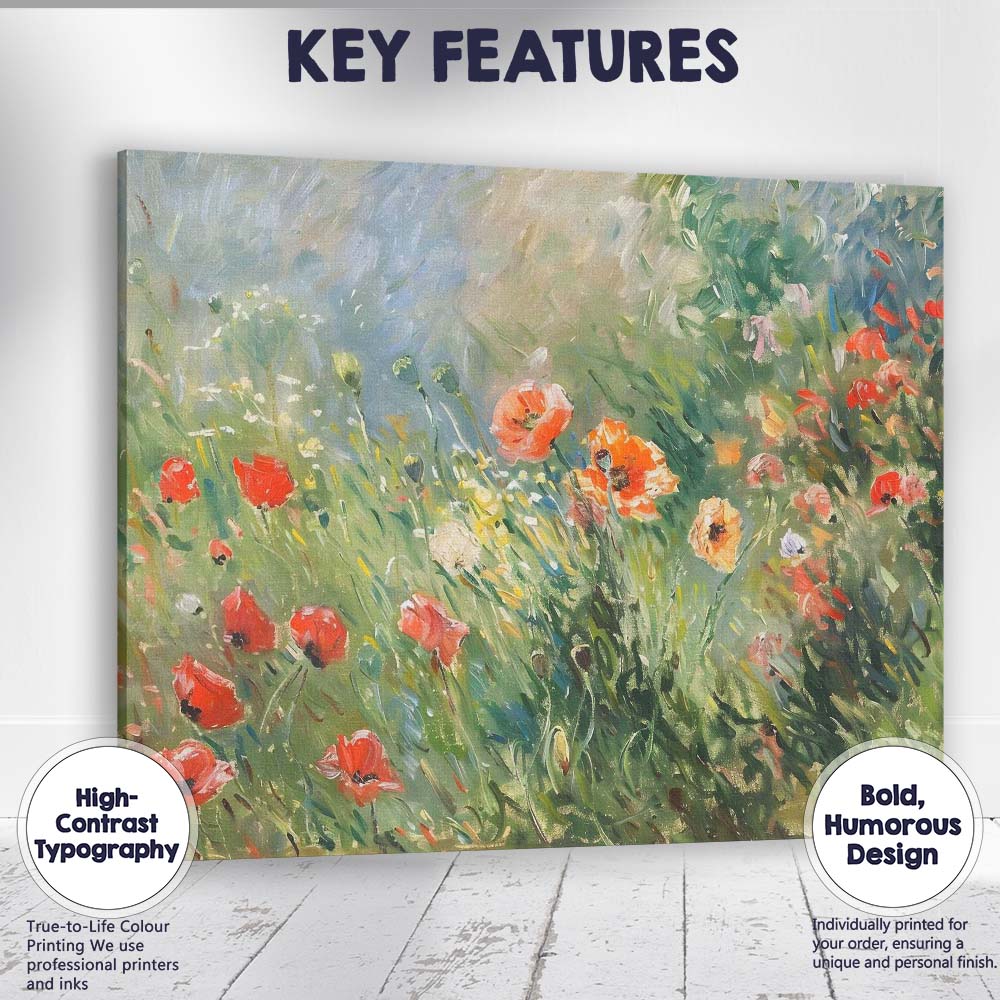 Impressionist Red Poppy Wildflower Meadow Summer Landscape Canvas Wall Art Print Decor Picture Ready to Hang