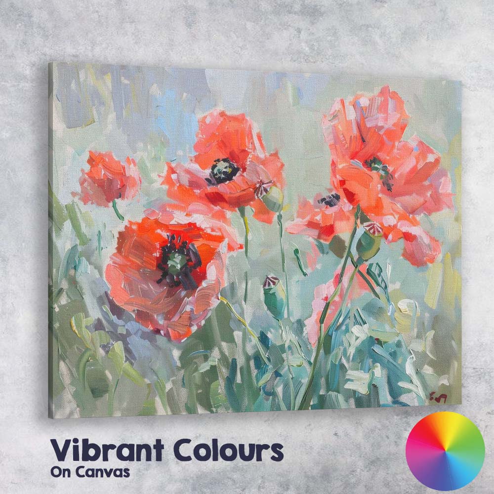 Contemporary Coral Red Poppy Floral Impressionist Painting Canvas Wall Art Print Decor Picture Ready to Hang
