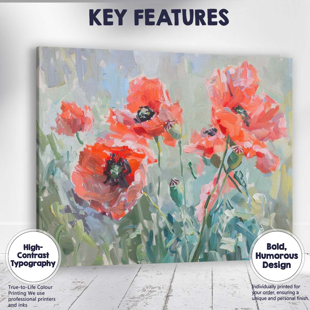 Contemporary Coral Red Poppy Floral Impressionist Painting Canvas Wall Art Print Decor Picture Ready to Hang