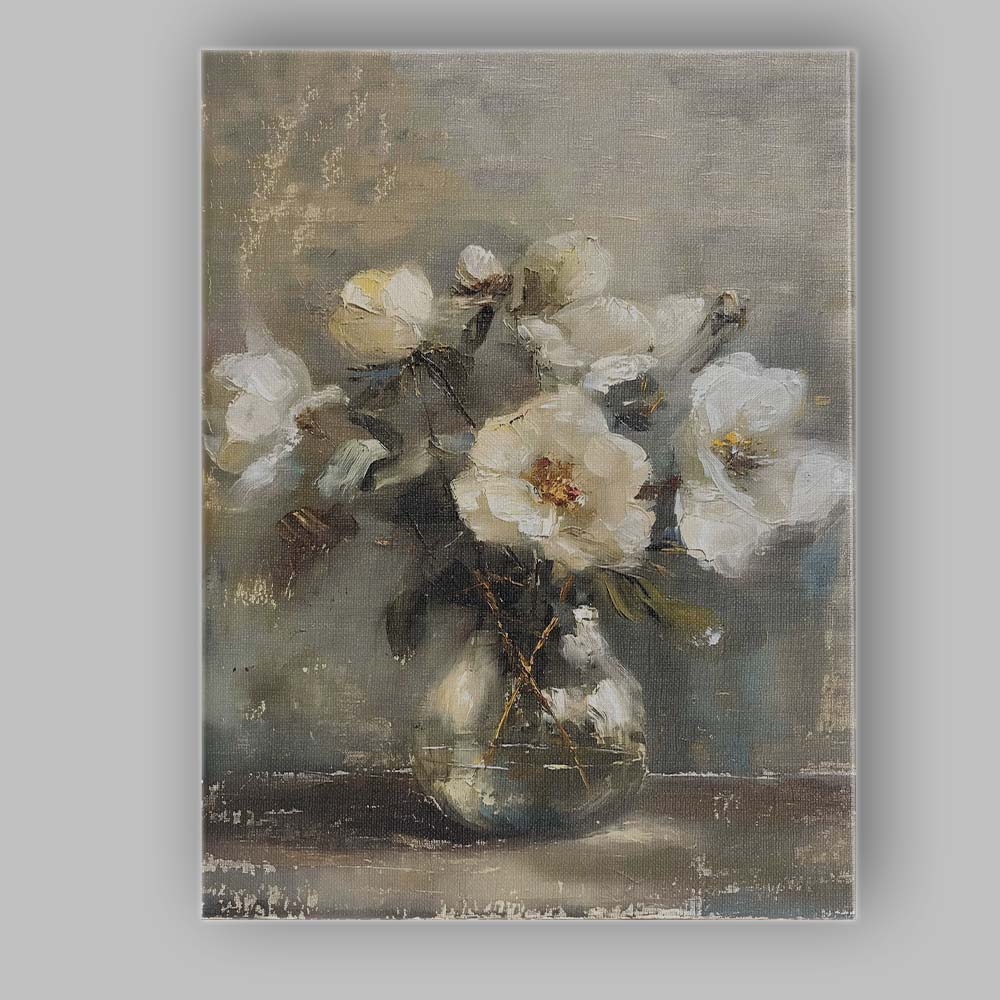 Neutral White Peony Bouquet Glass Vase Floral Still Life Canvas Wall Art Print Decor Picture Ready to Hang