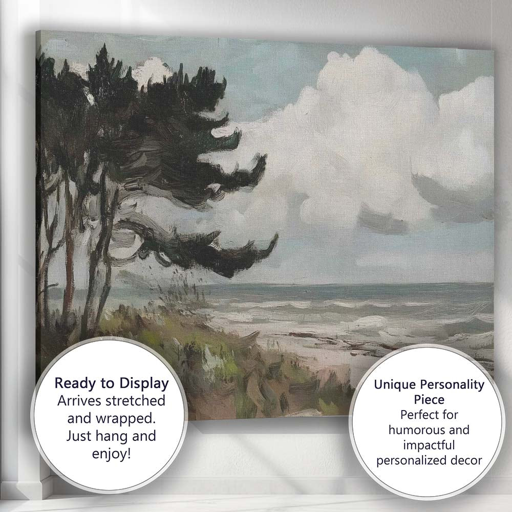 Impressionist Windswept Coastal Pine Trees Dramatic Beach Landscape Canvas Wall Art Print Decor Picture Ready to Hang