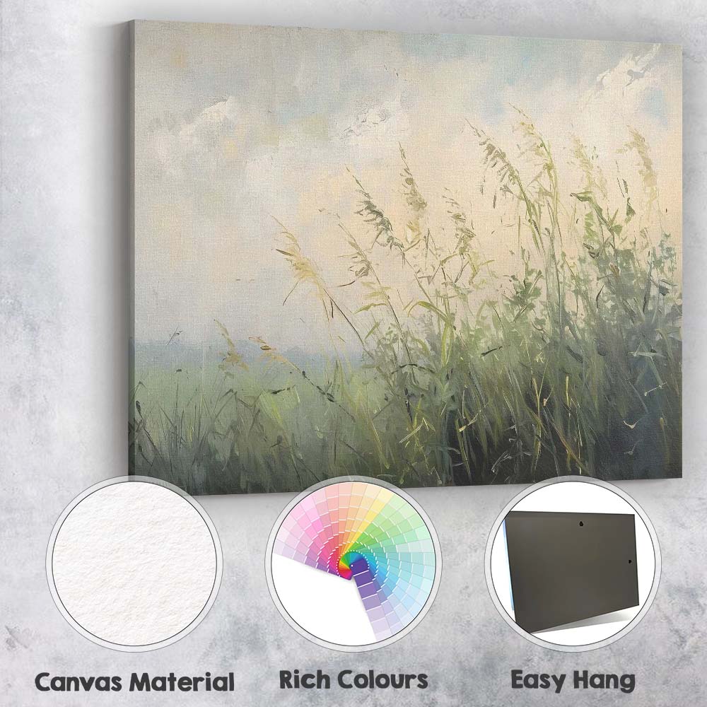 Ethereal Wild Meadow Grasses Misty Morning Nature Landscape Canvas Wall Art Print Decor Picture Ready to Hang