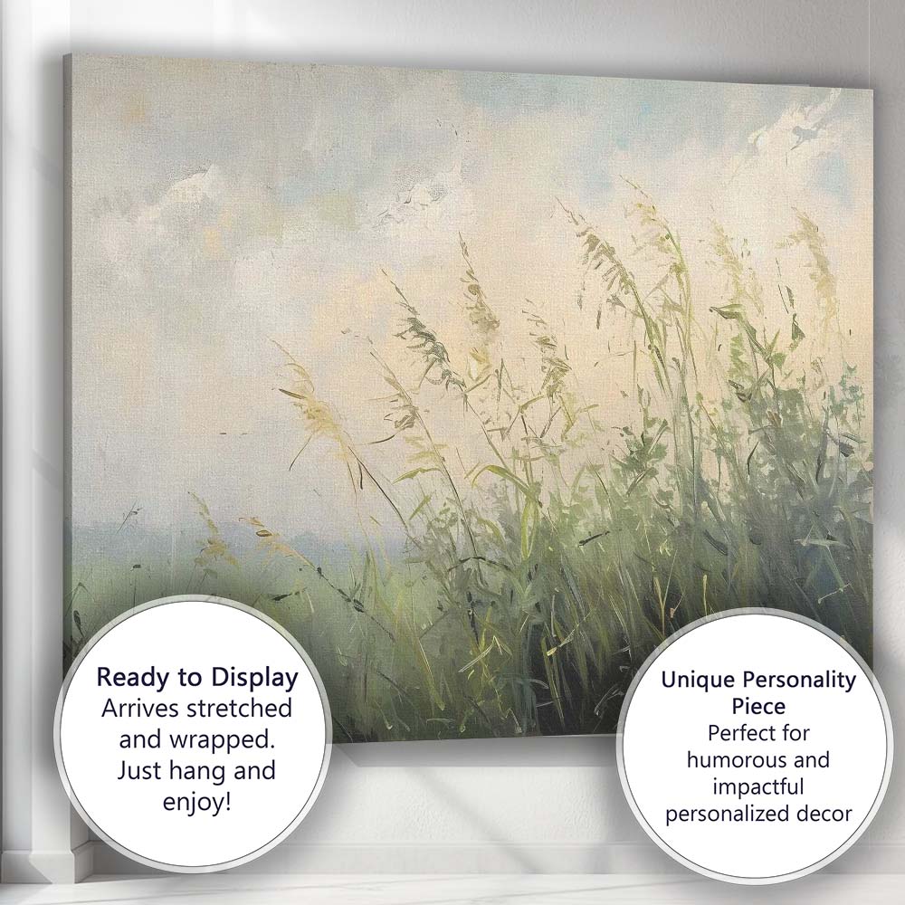 Ethereal Wild Meadow Grasses Misty Morning Nature Landscape Canvas Wall Art Print Decor Picture Ready to Hang
