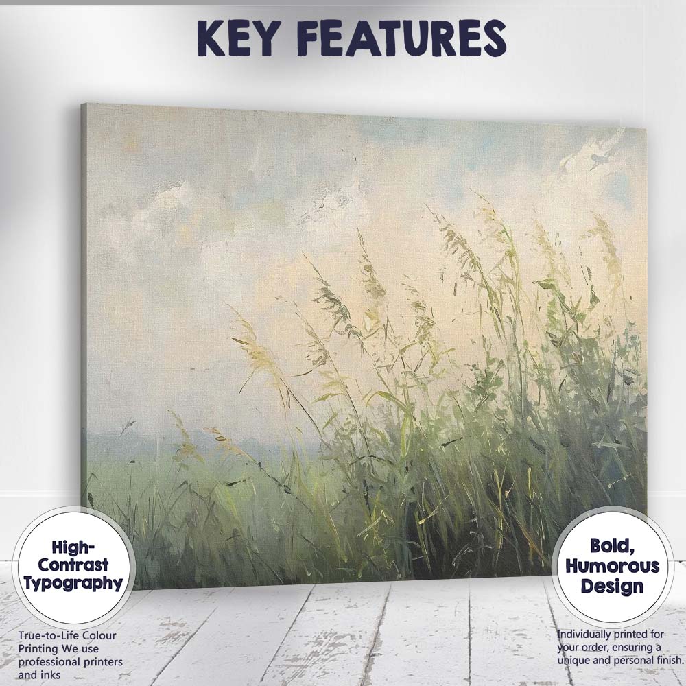 Ethereal Wild Meadow Grasses Misty Morning Nature Landscape Canvas Wall Art Print Decor Picture Ready to Hang