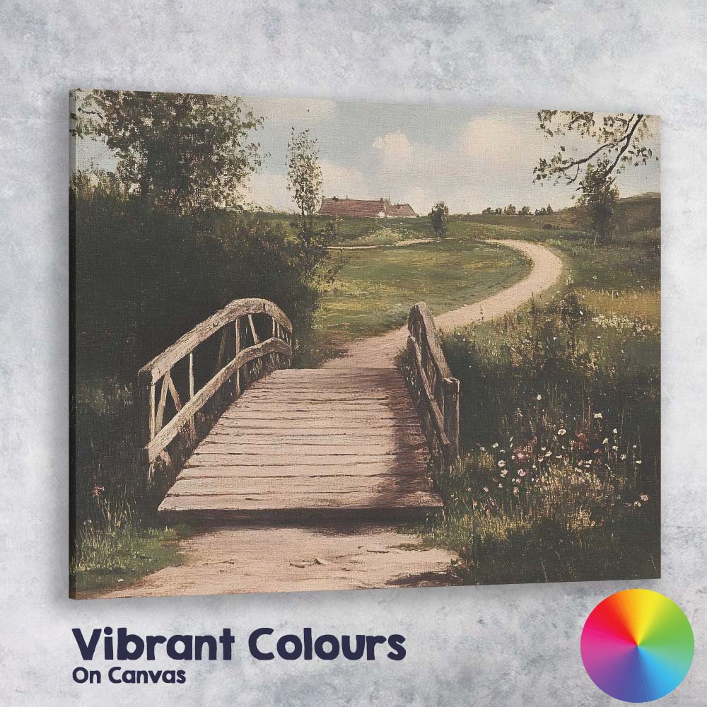 Rustic Wooden Footbridge Country Lane Pastoral Landscape Canvas Wall Art Print Decor Picture Ready to Hang