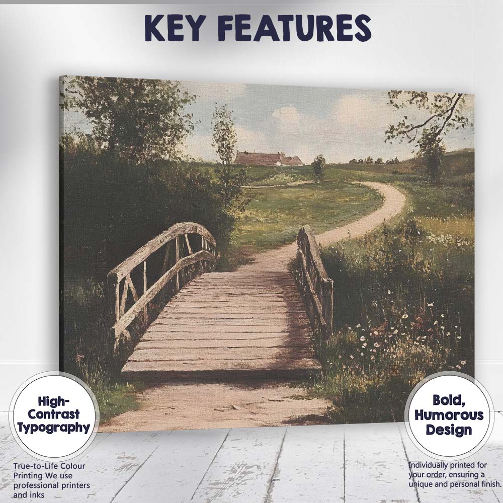 Rustic Wooden Footbridge Country Lane Pastoral Landscape Canvas Wall Art Print Decor Picture Ready to Hang