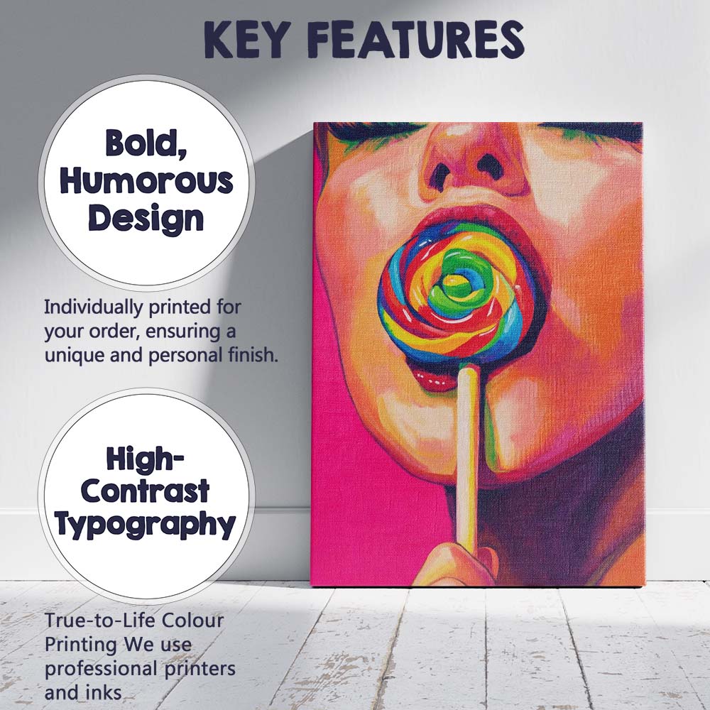 Colourful Pop Art Woman With Rainbow Lollipop Portrait Canvas Wall Art Print Decor Picture Ready to Hang