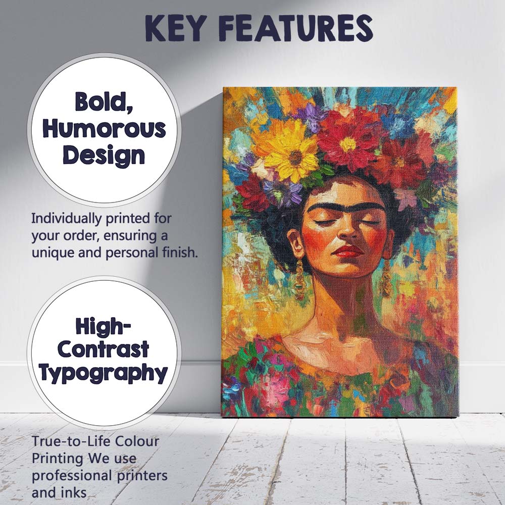 Colourful Frida Kahlo Inspired Floral Portrait Impressionist Canvas Wall Art Print Decor Picture Ready to Hang