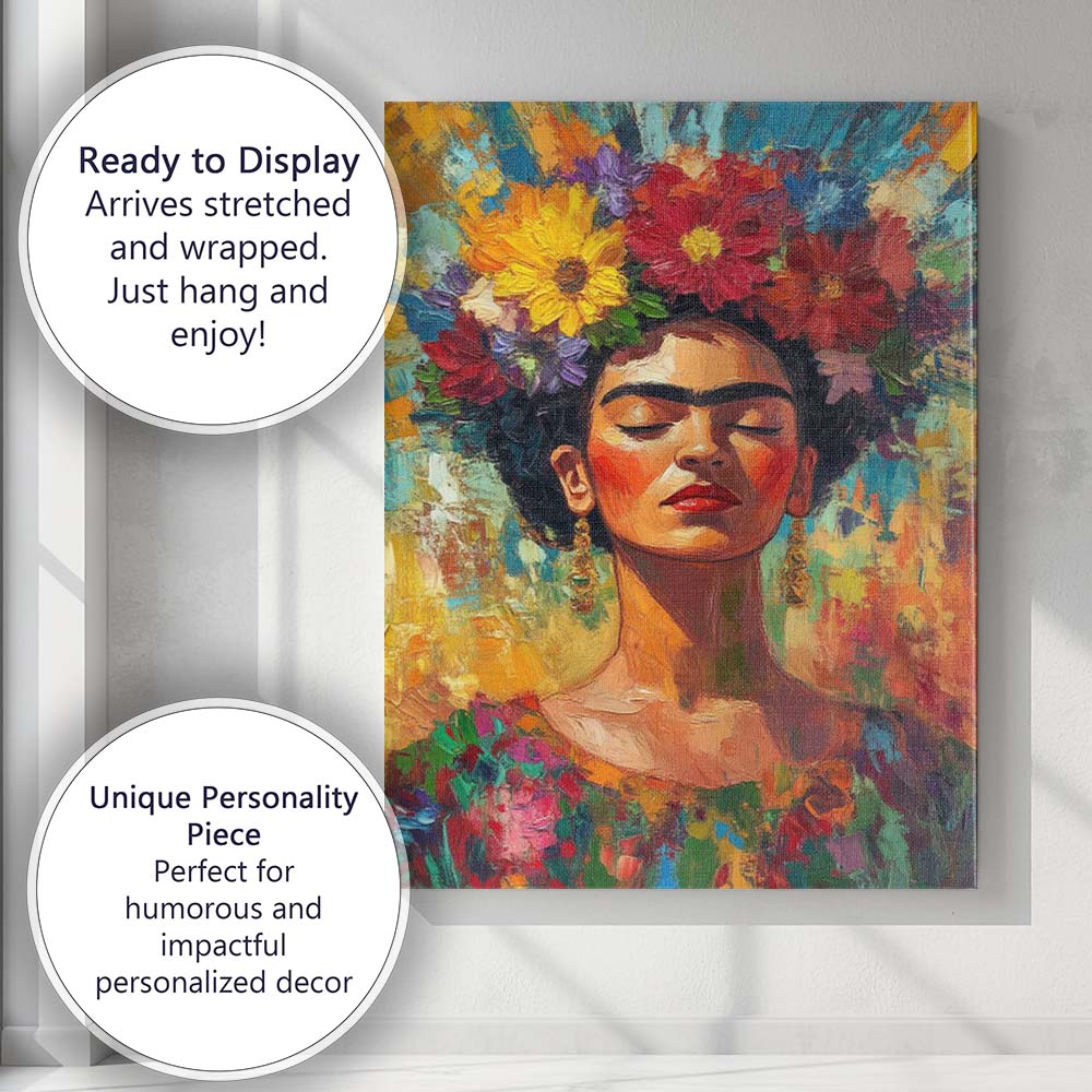 Colourful Frida Kahlo Inspired Floral Portrait Impressionist Canvas Wall Art Print Decor Picture Ready to Hang