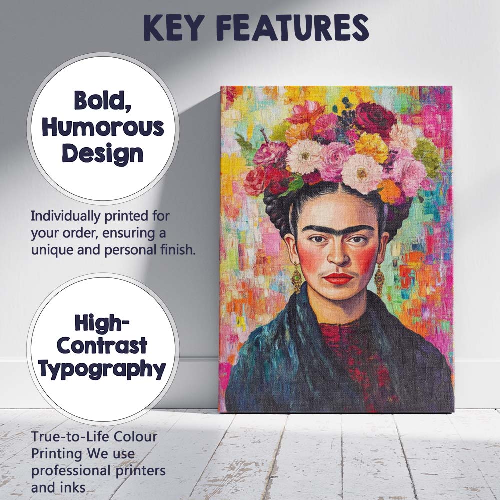 Bold Frida Kahlo Inspired Floral Crown Portrait Canvas Wall Art Print Decor Picture Ready to Hang