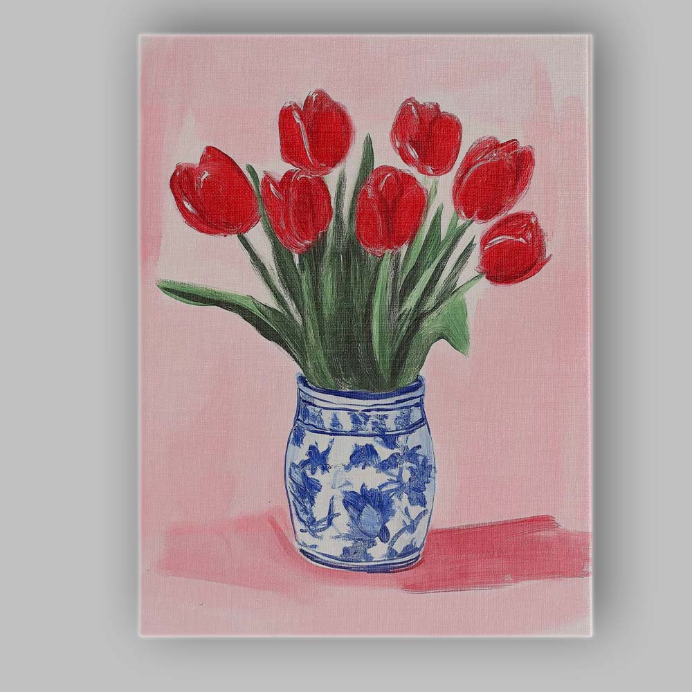 Red Tulip Bouquet Blue White Ceramic Vase Still Life Canvas Wall Art Print Decor Picture Ready to Hang