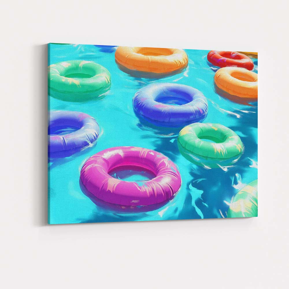 Colourful Summer Pool Inflatable Rings Tropical Water Canvas Wall Art Print Decor Picture Ready to Hang