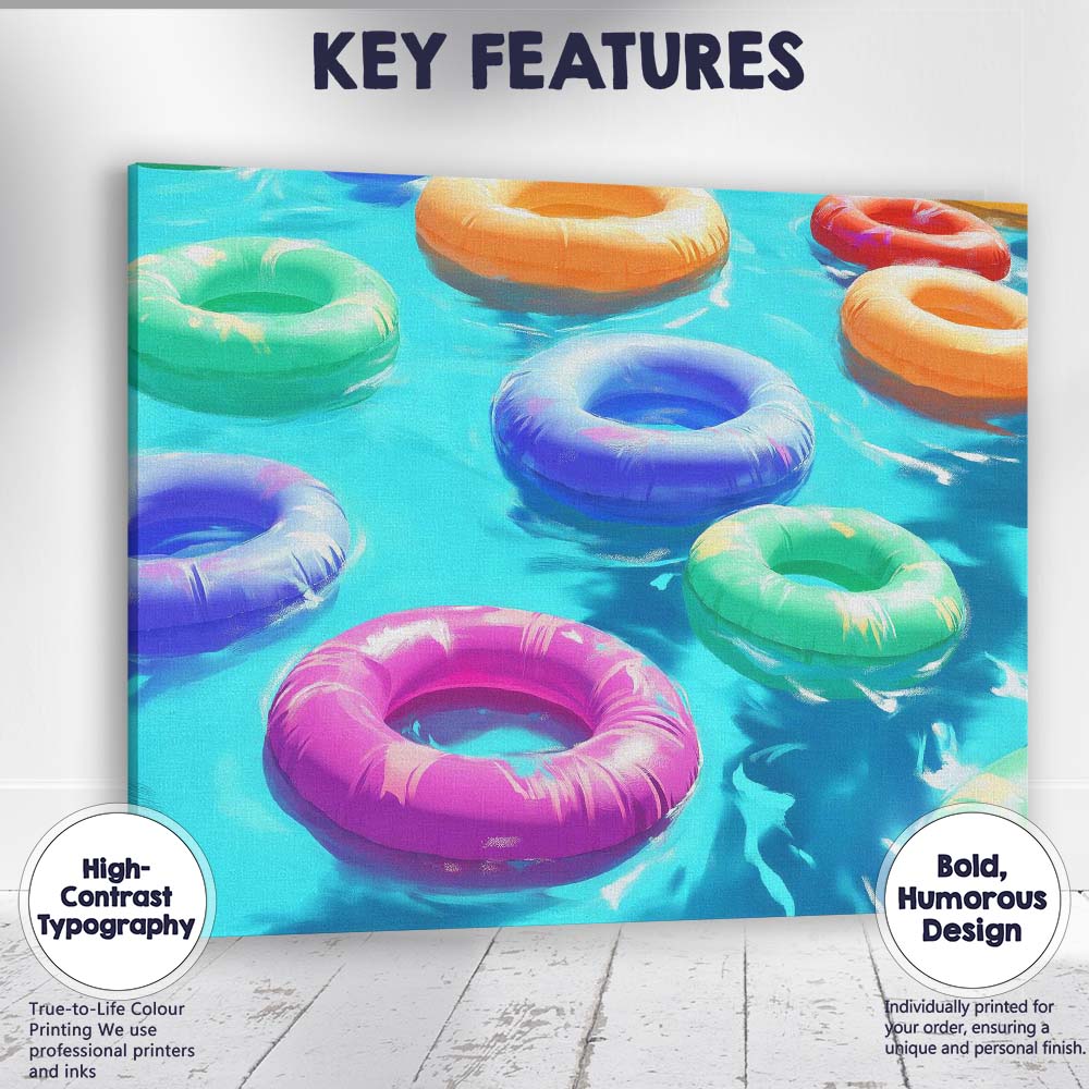 Colourful Summer Pool Inflatable Rings Tropical Water Canvas Wall Art Print Decor Picture Ready to Hang