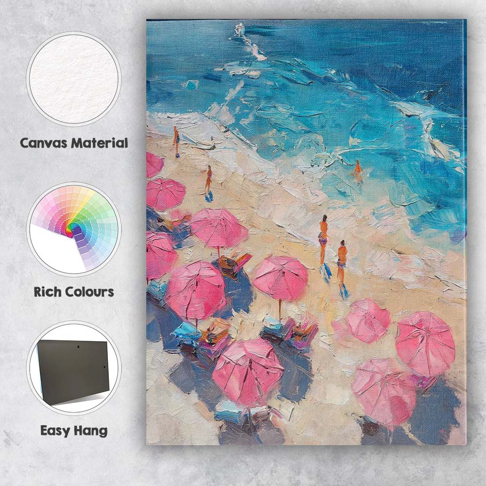 Summer Beach Pink Umbrella Coastal Impressionist Canvas Wall Art Print Decor Picture Ready to Hang
