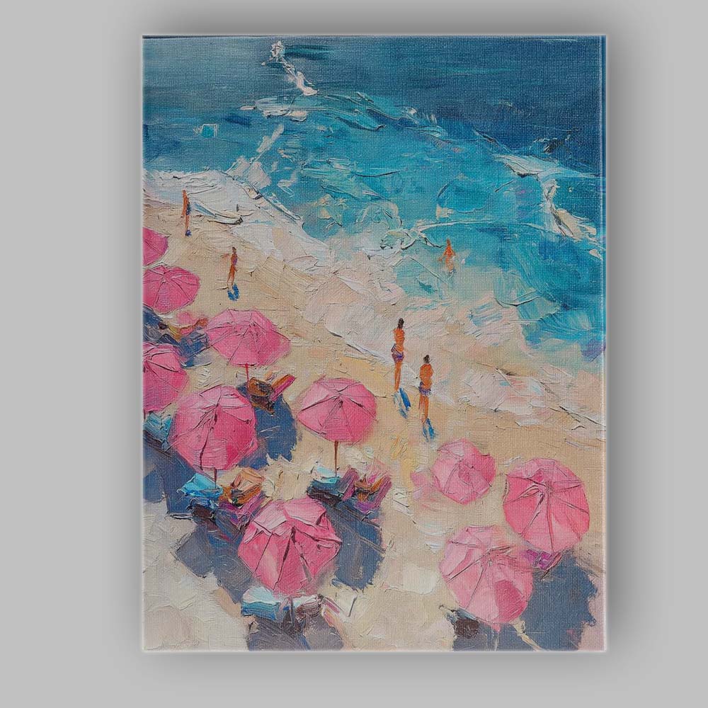 Summer Beach Pink Umbrella Coastal Impressionist Canvas Wall Art Print Decor Picture Ready to Hang
