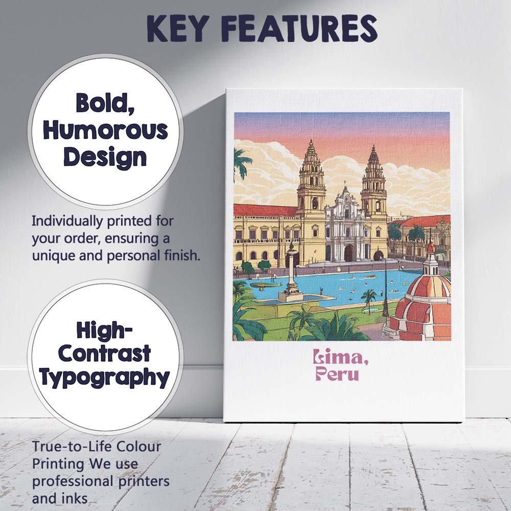 Lima Historic Cathedral Plaza Travel Poster Illustration Canvas Wall Art Print Decor Picture Ready to Hang