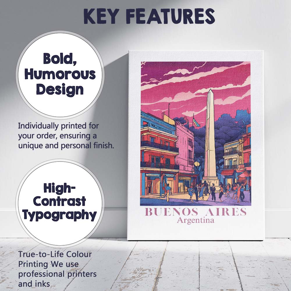 Buenos Aires Obelisk City Street Evening Travel Poster Canvas Wall Art Print Decor Picture Ready to Hang