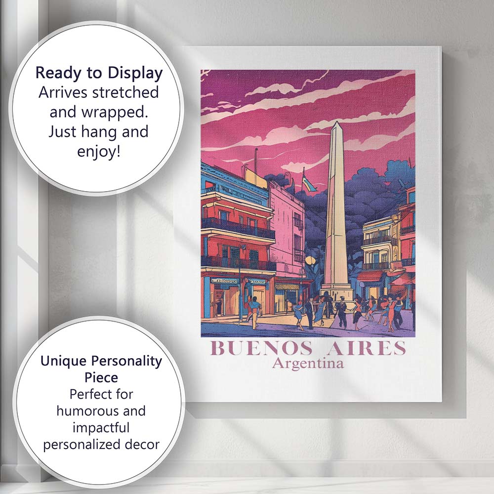 Buenos Aires Obelisk City Street Evening Travel Poster Canvas Wall Art Print Decor Picture Ready to Hang