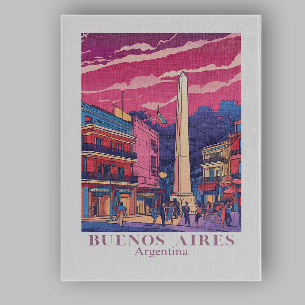 Buenos Aires Obelisk City Street Evening Travel Poster Canvas Wall Art Print Decor Picture Ready to Hang