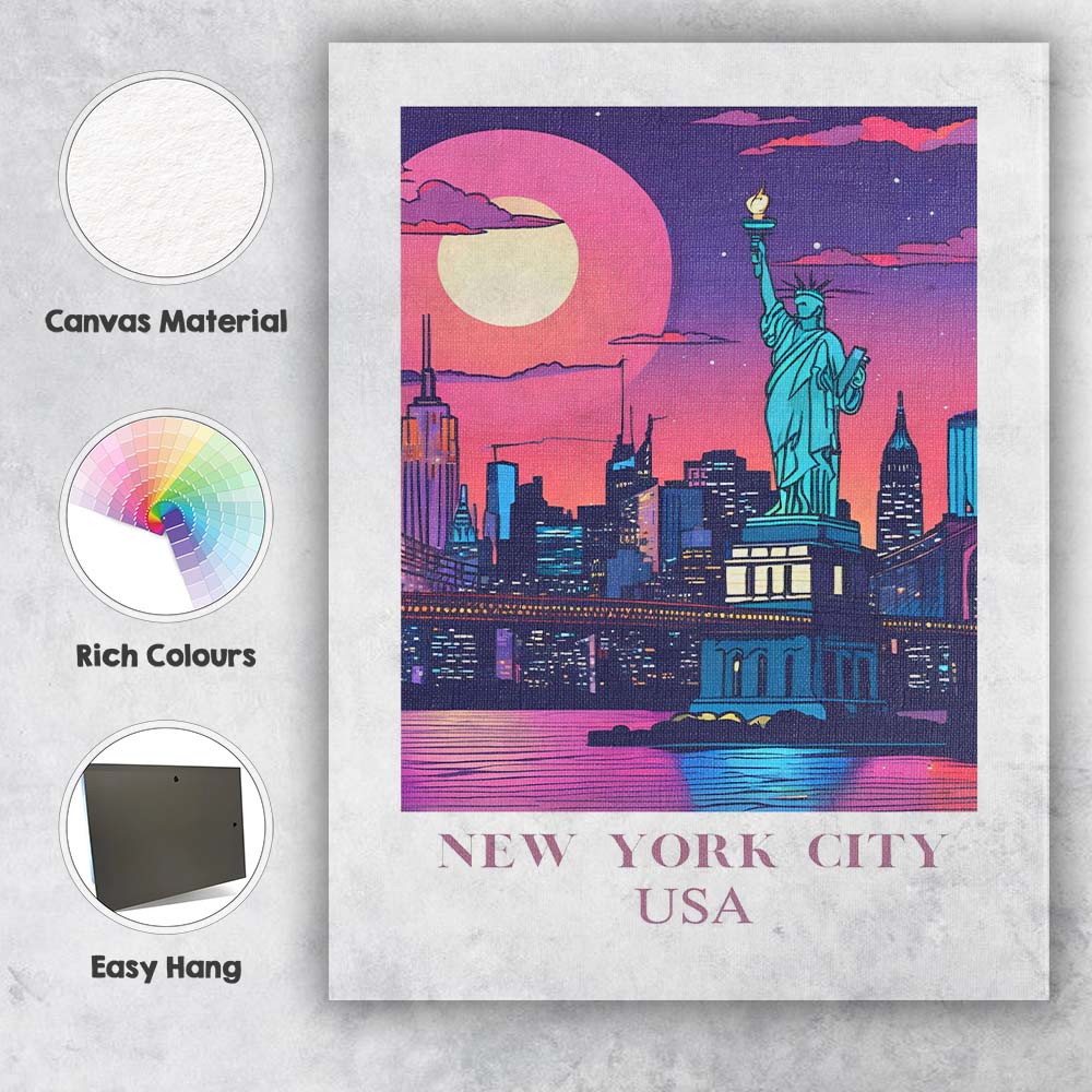 New York City Statue of Liberty Night Skyline Travel Poster Canvas Wall Art Print Decor Picture Ready to Hang