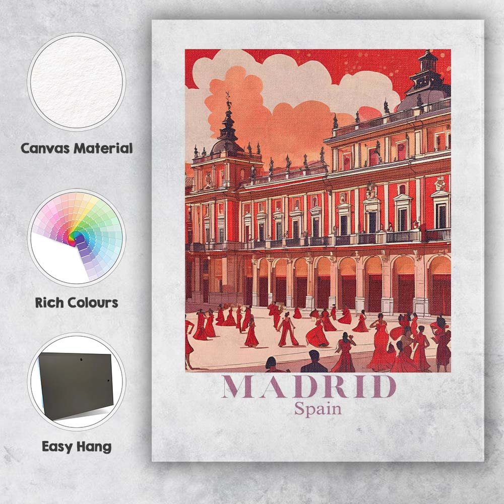 Madrid Historic Plaza Flamenco Dancers Travel Poster Canvas Wall Art Print Decor Picture Ready to Hang