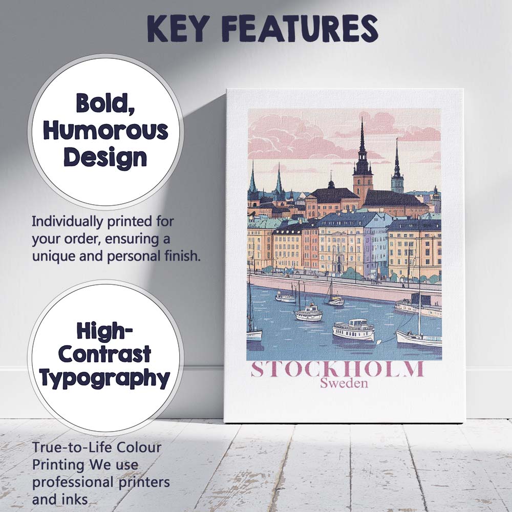 Stockholm Waterfront Old Town Harbour Travel Poster Canvas Wall Art Print Decor Picture Ready to Hang