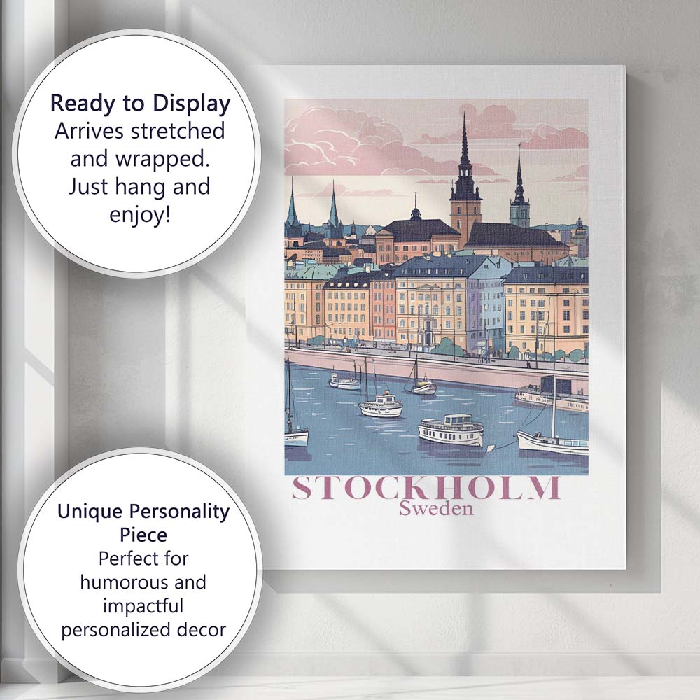 Stockholm Waterfront Old Town Harbour Travel Poster Canvas Wall Art Print Decor Picture Ready to Hang