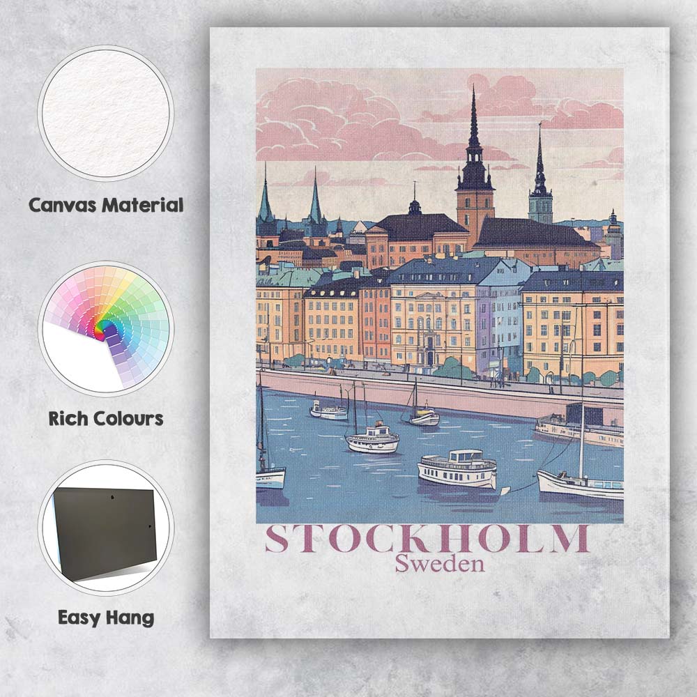 Stockholm Waterfront Old Town Harbour Travel Poster Canvas Wall Art Print Decor Picture Ready to Hang