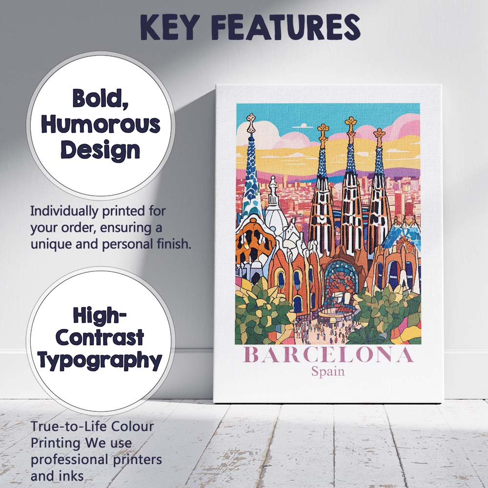 Barcelona Sagrada Familia Colourful Architectural Travel Poster Canvas Wall Art Print Decor Picture Ready to Hang