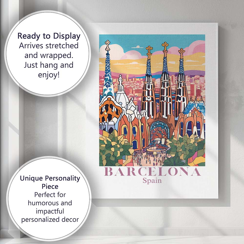 Barcelona Sagrada Familia Colourful Architectural Travel Poster Canvas Wall Art Print Decor Picture Ready to Hang