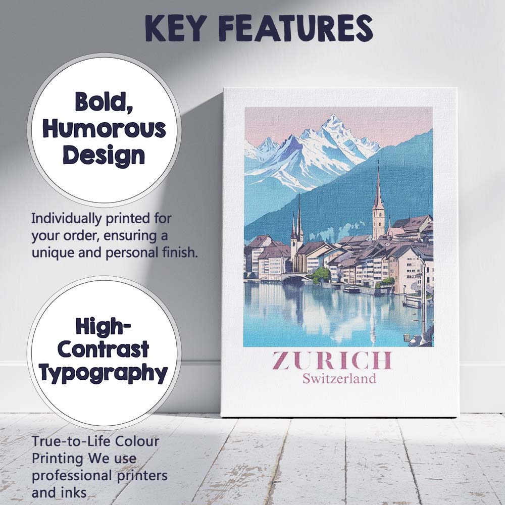Zurich Alpine Lake Historic Cityscape Travel Poster Canvas Wall Art Print Decor Picture Ready to Hang