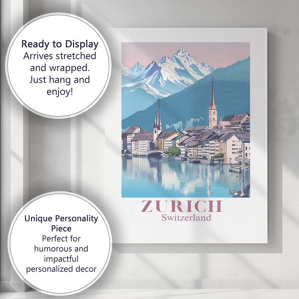 Zurich Alpine Lake Historic Cityscape Travel Poster Canvas Wall Art Print Decor Picture Ready to Hang