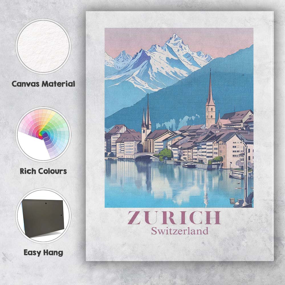 Zurich Alpine Lake Historic Cityscape Travel Poster Canvas Wall Art Print Decor Picture Ready to Hang