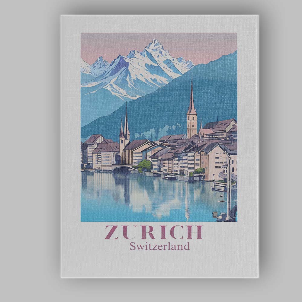 Zurich Alpine Lake Historic Cityscape Travel Poster Canvas Wall Art Print Decor Picture Ready to Hang