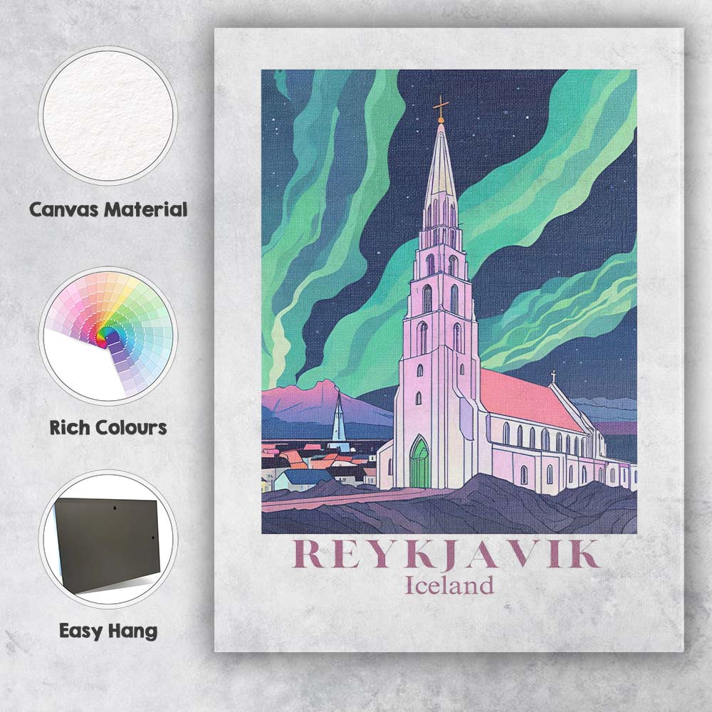 Reykjavik Hallgrimskirkja Northern Lights Night Travel Poster Canvas Wall Art Print Decor Picture Ready to Hang