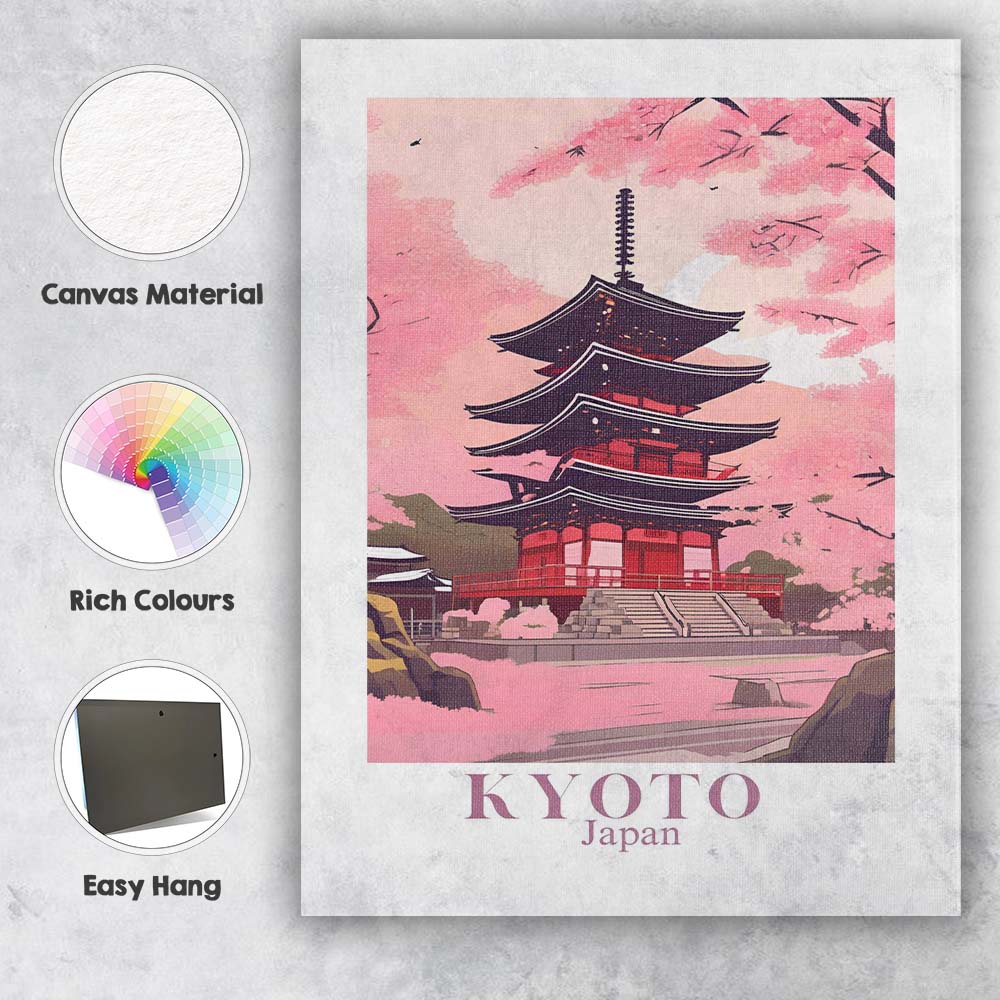 Cherry Blossom Kyoto Japan Pagoda Spring Landscape Travel Poster Canvas Wall Art Print Decor Picture Ready to Hang