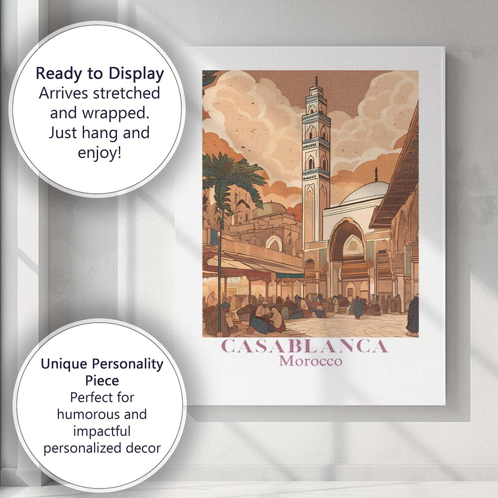 Warm Casablanca Morocco Historic Mosque Market Square Travel Poster Canvas Wall Art Print Decor Picture Ready to Hang