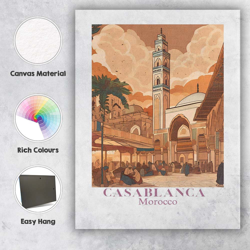 Warm Casablanca Morocco Historic Mosque Market Square Travel Poster Canvas Wall Art Print Decor Picture Ready to Hang