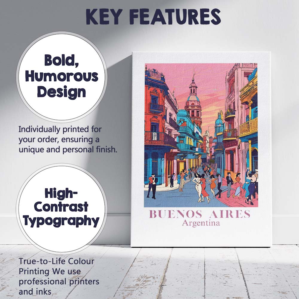 Colourful Buenos Aires Argentina Colonial Street Dance Travel Poster Canvas Wall Art Print Decor Picture Ready to Hang