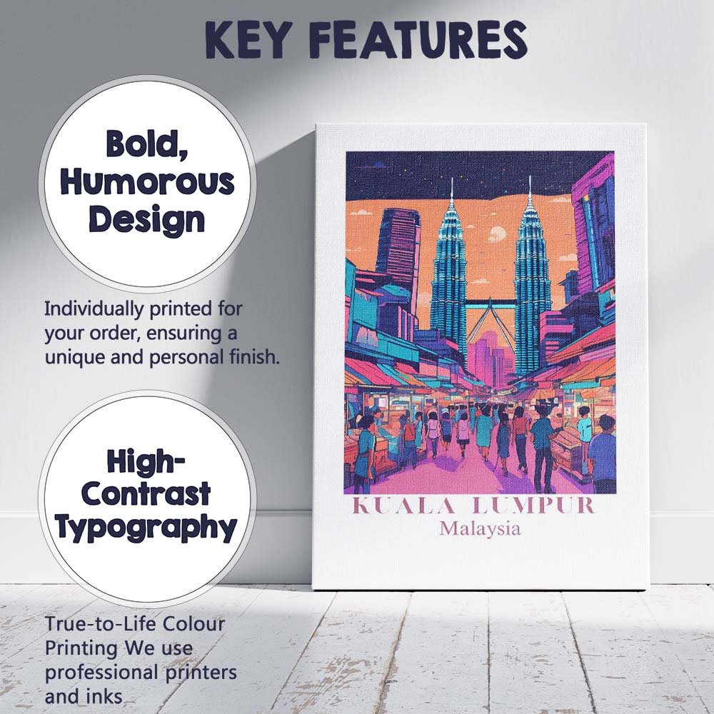 Neon Kuala Lumpur Malaysia Petronas Twin Towers Night Market Travel Poster Canvas Wall Art Print Decor Picture Ready to Hang