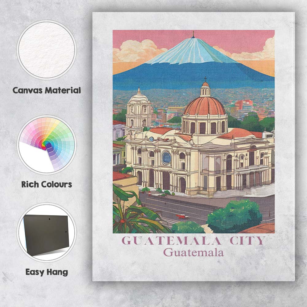 Scenic Guatemala City Guatemala Cathedral Volcano Skyline Travel Poster Canvas Wall Art Print Decor Picture Ready to Hang