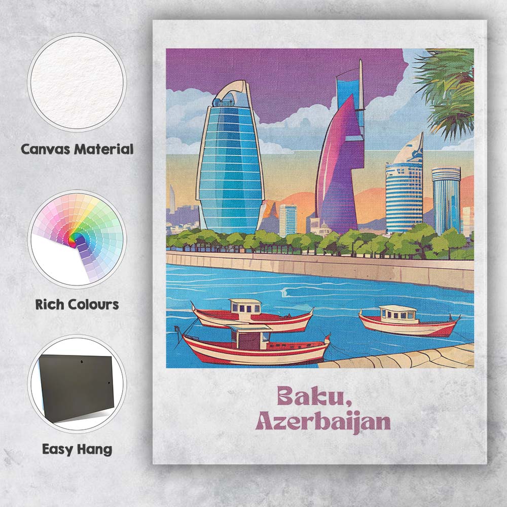 Modern Baku Azerbaijan Flame Towers Waterfront Skyline Travel Poster Canvas Wall Art Print Decor Picture Ready to Hang