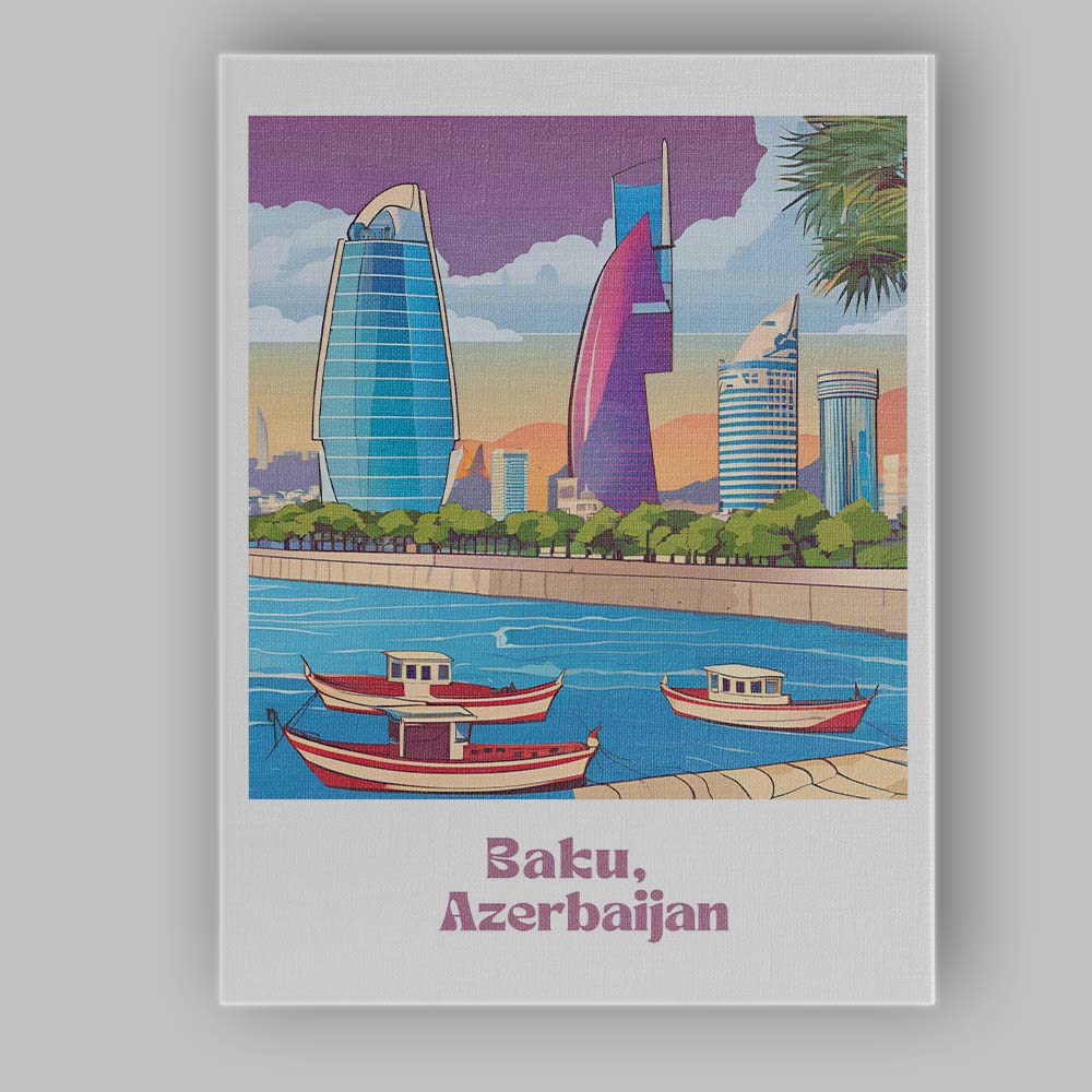Modern Baku Azerbaijan Flame Towers Waterfront Skyline Travel Poster Canvas Wall Art Print Decor Picture Ready to Hang