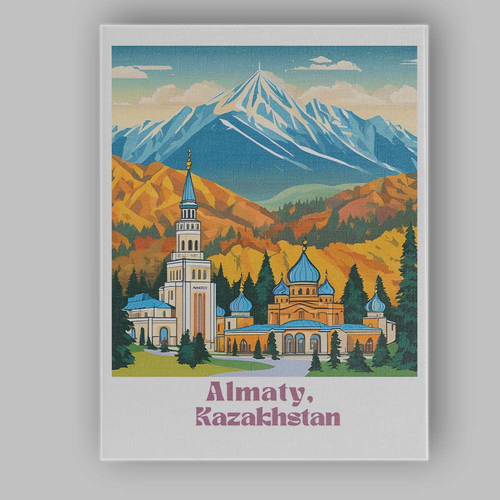 Scenic Almaty Kazakhstan Snow Capped Mountains Blue Mosque Travel Poster Canvas Wall Art Print Decor Picture Ready to Hang