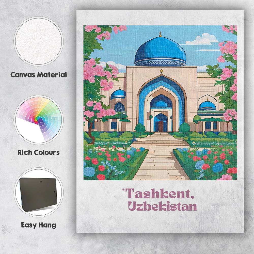 Elegant Tashkent Uzbekistan Blue Dome Mosque Floral Garden Travel Poster Canvas Wall Art Print Decor Picture Ready to Hang