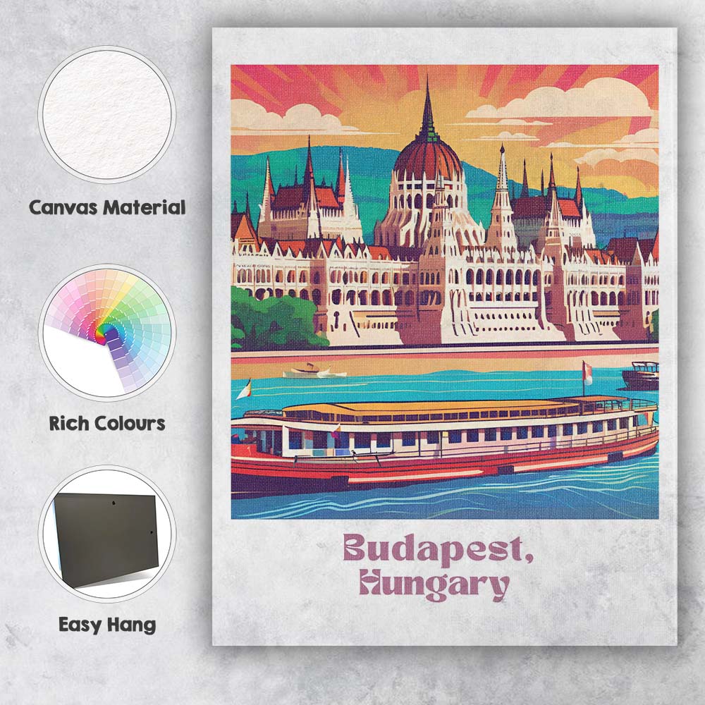 Iconic Budapest Hungary Parliament Building Danube River Travel Poster Canvas Wall Art Print Decor Picture Ready to Hang