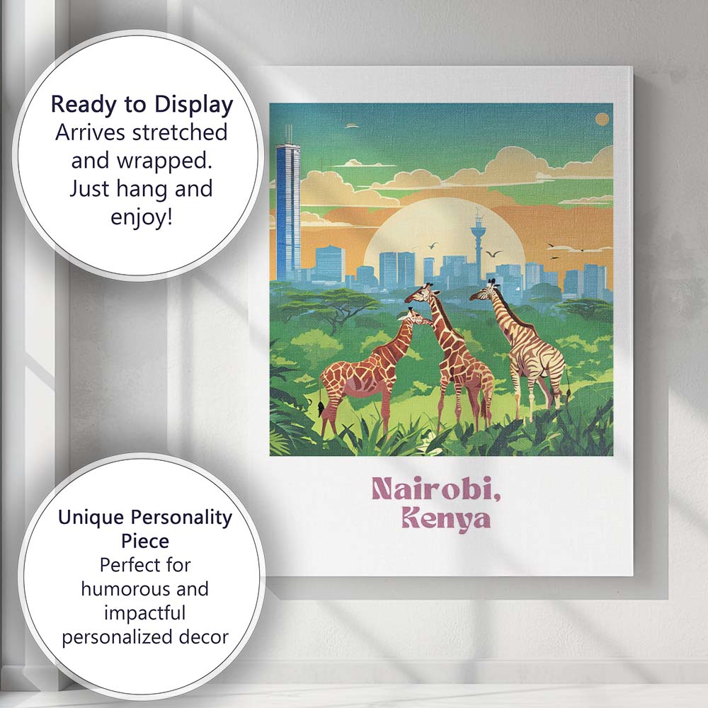 Nairobi Giraffes Skyline Safari City Sunset Travel Poster Canvas Wall Art Print Decor Picture Ready to Hang