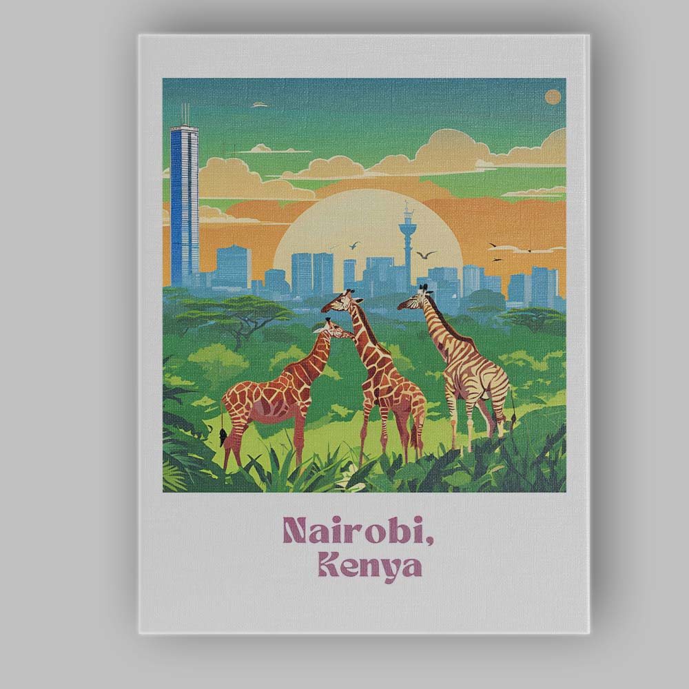 Nairobi Giraffes Skyline Safari City Sunset Travel Poster Canvas Wall Art Print Decor Picture Ready to Hang
