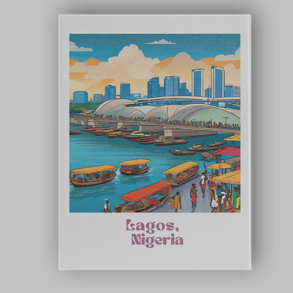 Lagos Waterfront City Skyline Market Boats Travel Poster Canvas Wall Art Print Decor Picture Ready to Hang