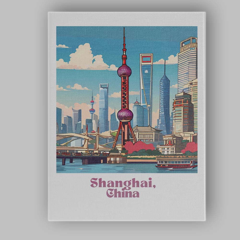 Modern Shanghai China Oriental Pearl Skyline Waterfront Travel Poster Canvas Wall Art Print Decor Picture Ready to Hang